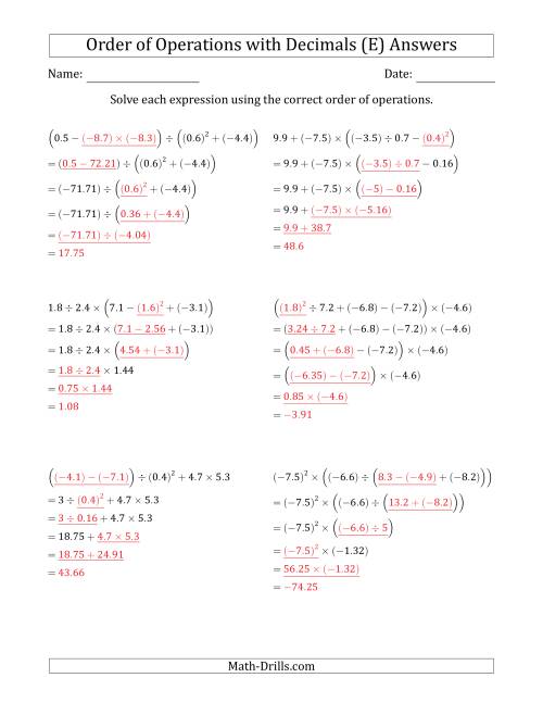 The Order of Operations with Negative and Positive Decimals (Five Steps) (E) Math Worksheet Page 2