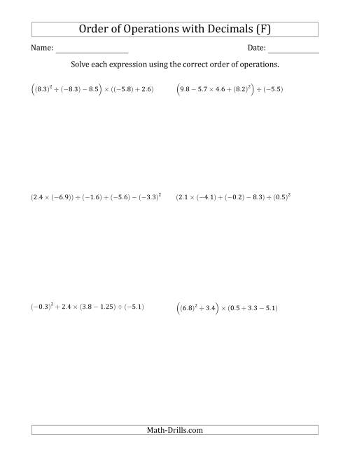 The Order of Operations with Negative and Positive Decimals (Five Steps) (F) Math Worksheet