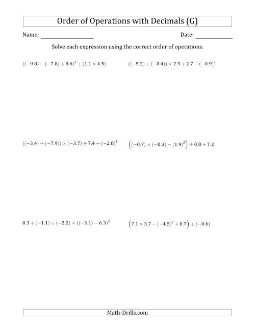 The Order of Operations with Negative and Positive Decimals (Five Steps) (G) Math Worksheet