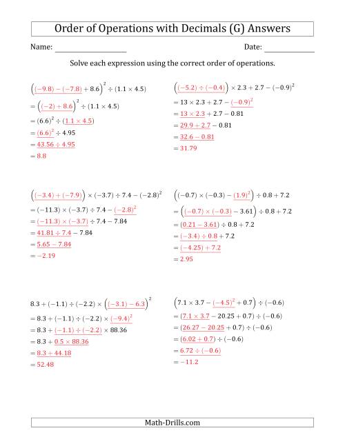 The Order of Operations with Negative and Positive Decimals (Five Steps) (G) Math Worksheet Page 2