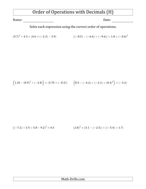 The Order of Operations with Negative and Positive Decimals (Five Steps) (H) Math Worksheet
