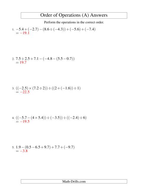 The Decimals Order of Operations -- Five Steps Including Negative Decimals (Old) Math Worksheet Page 2