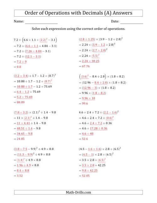 The Order of Operations with Positive Decimals (Five Steps) (A) Math Worksheet Page 2