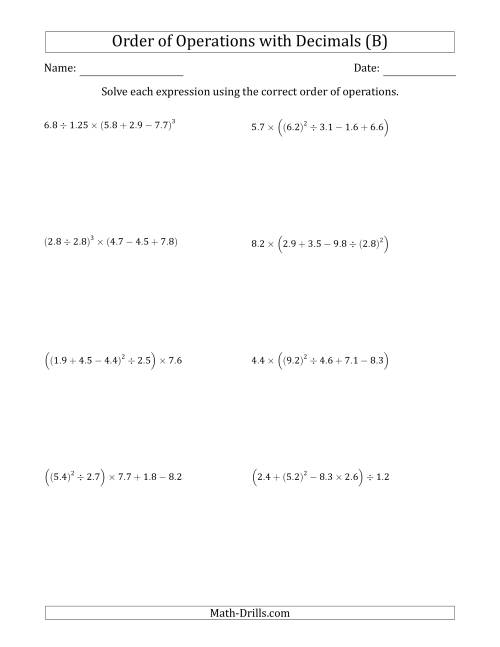 The Order of Operations with Positive Decimals (Five Steps) (B) Math Worksheet
