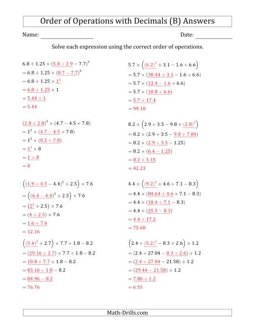 The Order of Operations with Positive Decimals (Five Steps) (B) Math Worksheet Page 2