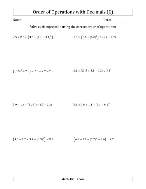 The Order of Operations with Positive Decimals (Five Steps) (C) Math Worksheet