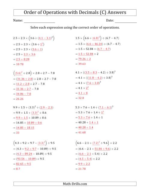 The Order of Operations with Positive Decimals (Five Steps) (C) Math Worksheet Page 2
