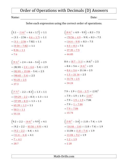 The Order of Operations with Positive Decimals (Five Steps) (D) Math Worksheet Page 2