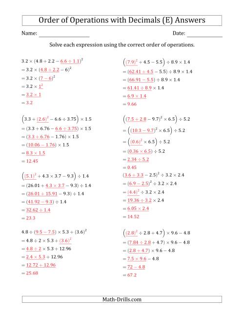 The Order of Operations with Positive Decimals (Five Steps) (E) Math Worksheet Page 2