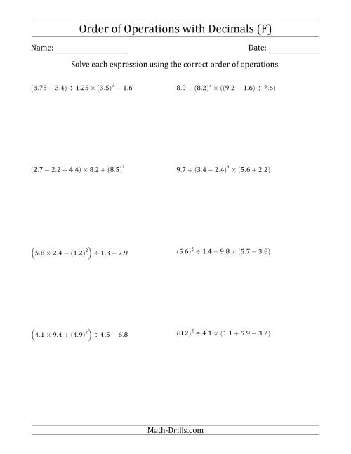 The Order of Operations with Positive Decimals (Five Steps) (F) Math Worksheet