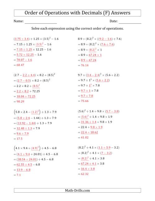 The Order of Operations with Positive Decimals (Five Steps) (F) Math Worksheet Page 2