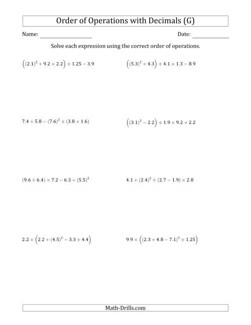 The Order of Operations with Positive Decimals (Five Steps) (G) Math Worksheet