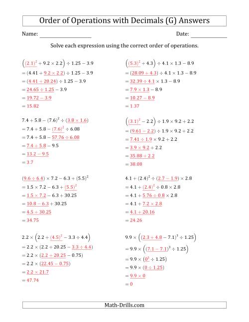 The Order of Operations with Positive Decimals (Five Steps) (G) Math Worksheet Page 2