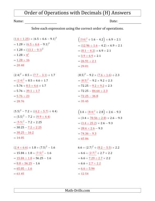 The Order of Operations with Positive Decimals (Five Steps) (H) Math Worksheet Page 2