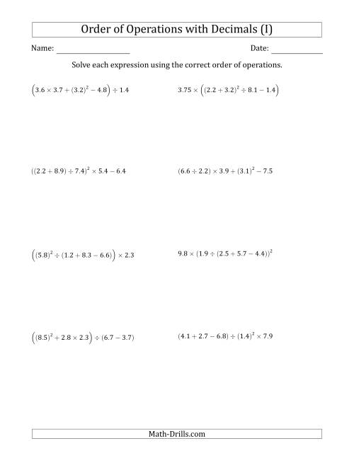 The Order of Operations with Positive Decimals (Five Steps) (I) Math Worksheet