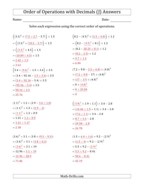 The Order of Operations with Positive Decimals (Five Steps) (J) Math Worksheet Page 2