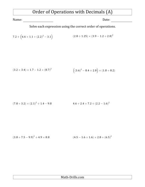 The Order of Operations with Positive Decimals (Five Steps) (All) Math Worksheet