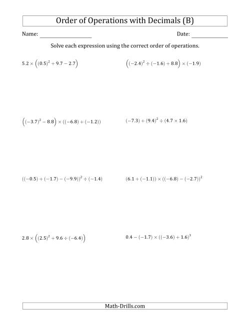 The Order of Operations with Negative and Positive Decimals (Four Steps) (B) Math Worksheet