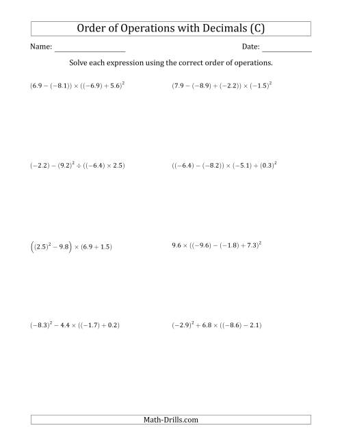 The Order of Operations with Negative and Positive Decimals (Four Steps) (C) Math Worksheet
