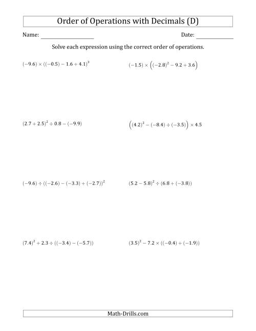 The Order of Operations with Negative and Positive Decimals (Four Steps) (D) Math Worksheet