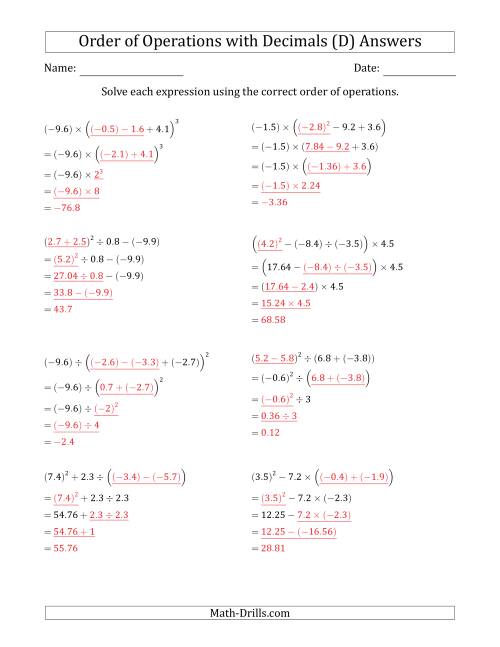 The Order of Operations with Negative and Positive Decimals (Four Steps) (D) Math Worksheet Page 2