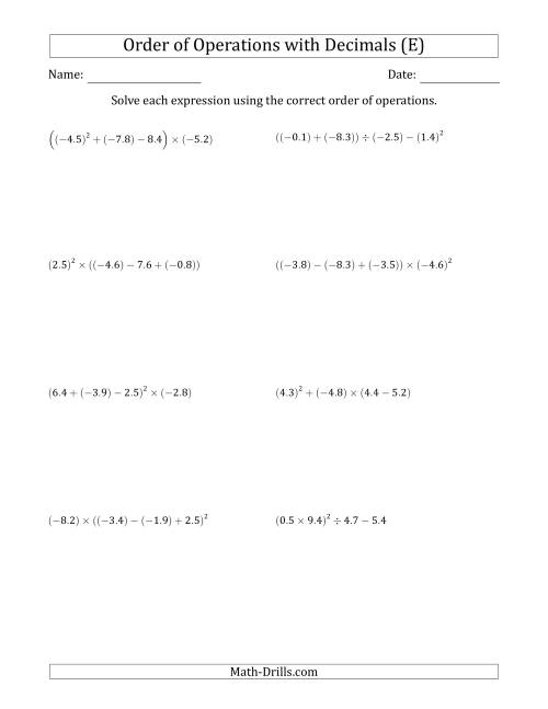 The Order of Operations with Negative and Positive Decimals (Four Steps) (E) Math Worksheet