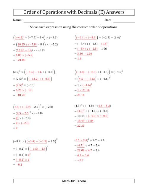 The Order of Operations with Negative and Positive Decimals (Four Steps) (E) Math Worksheet Page 2