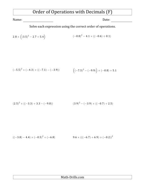 The Order of Operations with Negative and Positive Decimals (Four Steps) (F) Math Worksheet