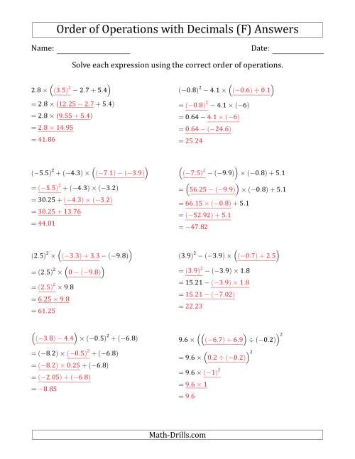 The Order of Operations with Negative and Positive Decimals (Four Steps) (F) Math Worksheet Page 2