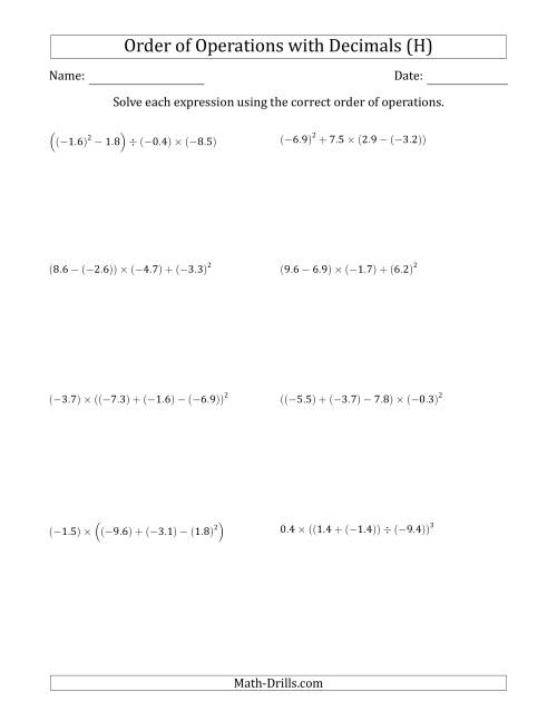 The Order of Operations with Negative and Positive Decimals (Four Steps) (H) Math Worksheet