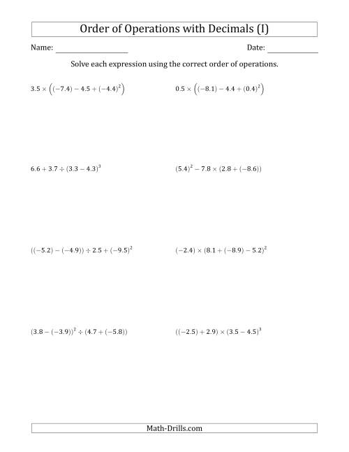 The Order of Operations with Negative and Positive Decimals (Four Steps) (I) Math Worksheet