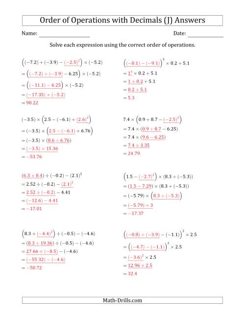 The Order of Operations with Negative and Positive Decimals (Four Steps) (J) Math Worksheet Page 2