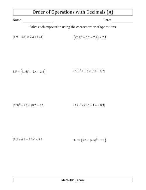 The Order of Operations with Positive Decimals (Four Steps) (A) Math Worksheet