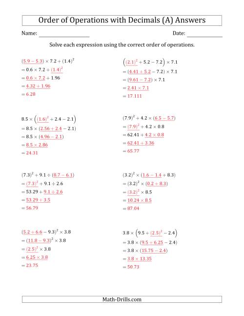The Order of Operations with Positive Decimals (Four Steps) (A) Math Worksheet Page 2
