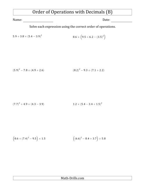 The Order of Operations with Positive Decimals (Four Steps) (B) Math Worksheet