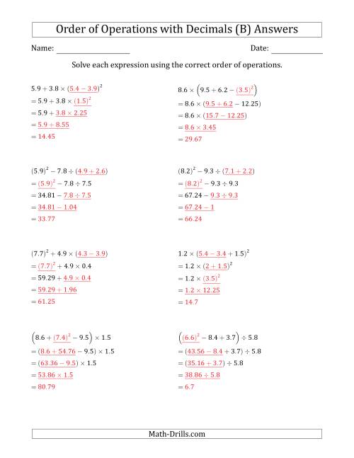 The Order of Operations with Positive Decimals (Four Steps) (B) Math Worksheet Page 2