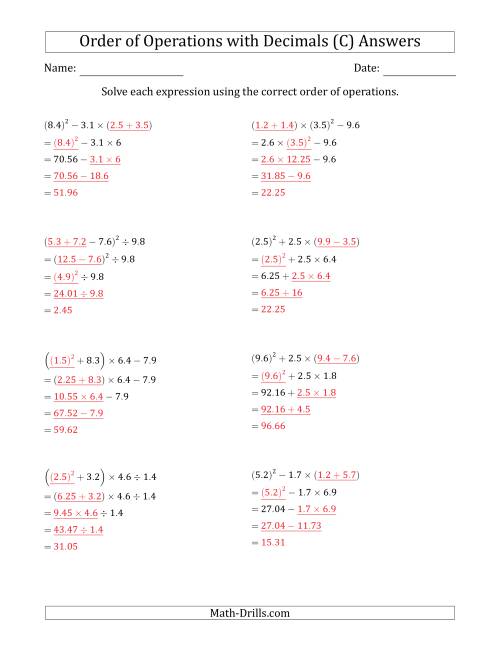 The Order of Operations with Positive Decimals (Four Steps) (C) Math Worksheet Page 2