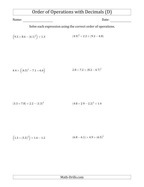 The Order of Operations with Positive Decimals (Four Steps) (D) Math Worksheet