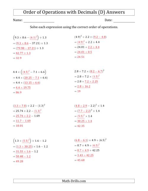 The Order of Operations with Positive Decimals (Four Steps) (D) Math Worksheet Page 2
