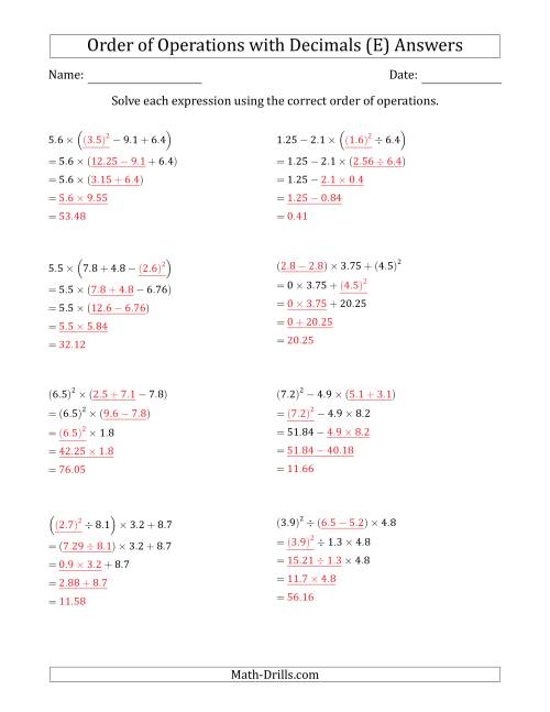 The Order of Operations with Positive Decimals (Four Steps) (E) Math Worksheet Page 2