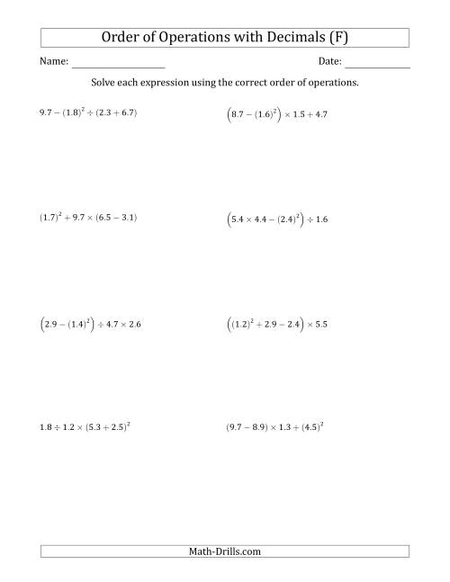 The Order of Operations with Positive Decimals (Four Steps) (F) Math Worksheet