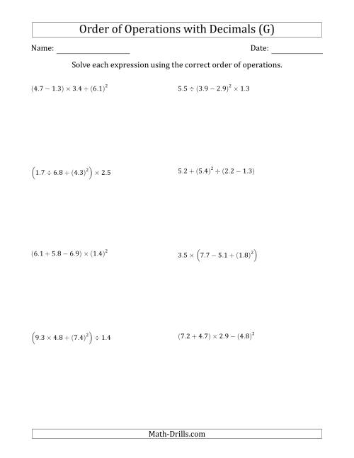 The Order of Operations with Positive Decimals (Four Steps) (G) Math Worksheet