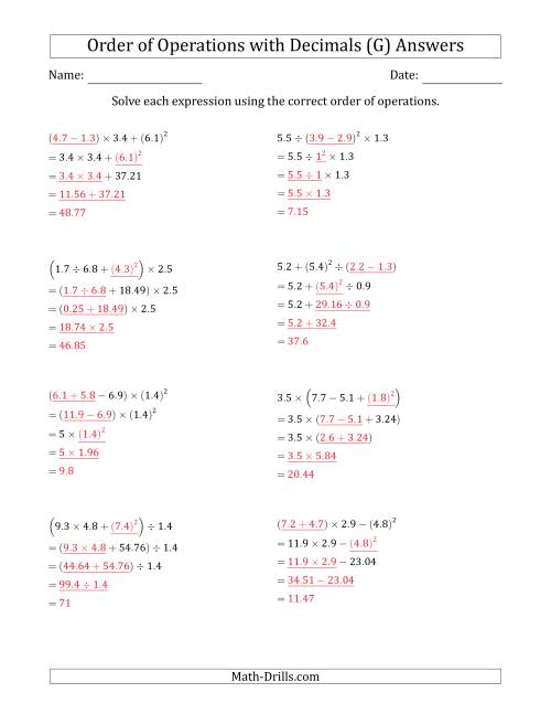 The Order of Operations with Positive Decimals (Four Steps) (G) Math Worksheet Page 2