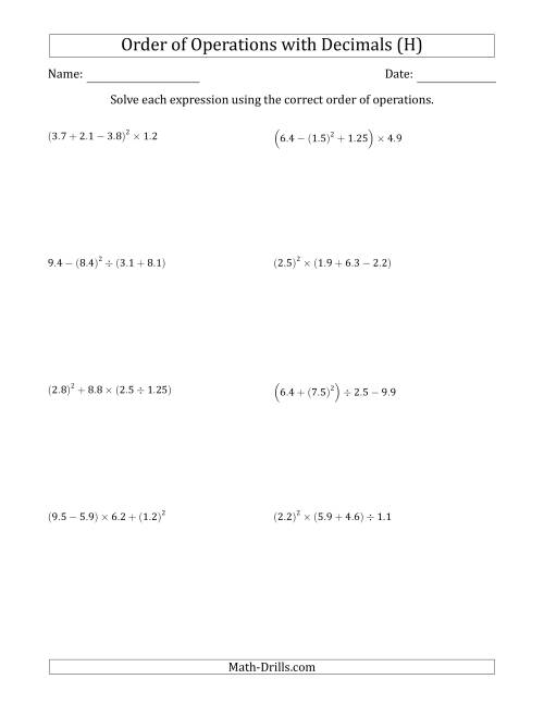 The Order of Operations with Positive Decimals (Four Steps) (H) Math Worksheet
