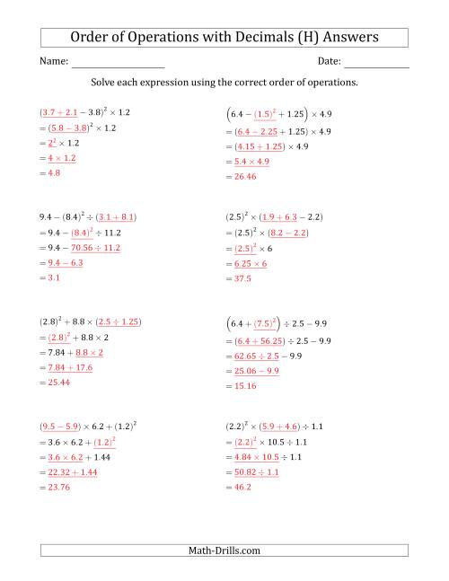 The Order of Operations with Positive Decimals (Four Steps) (H) Math Worksheet Page 2