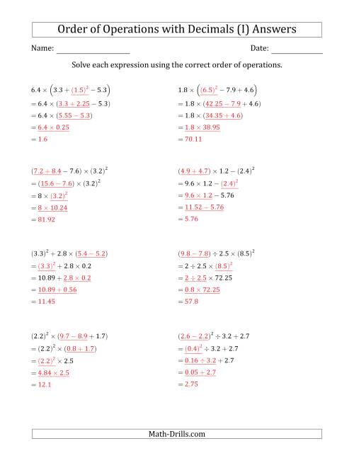 The Order of Operations with Positive Decimals (Four Steps) (I) Math Worksheet Page 2