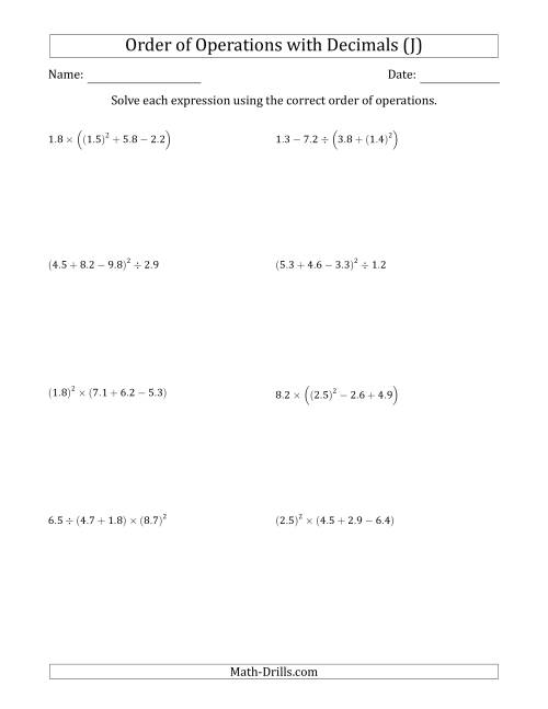 The Order of Operations with Positive Decimals (Four Steps) (J) Math Worksheet