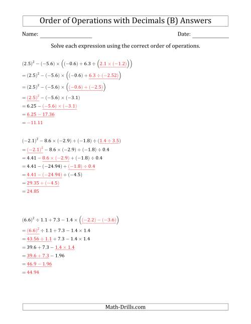 The Order of Operations with Negative and Positive Decimals (Six Steps) (B) Math Worksheet Page 2