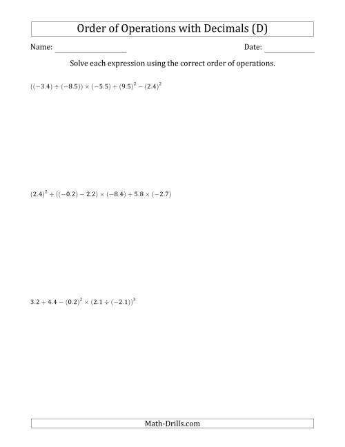 The Order of Operations with Negative and Positive Decimals (Six Steps) (D) Math Worksheet