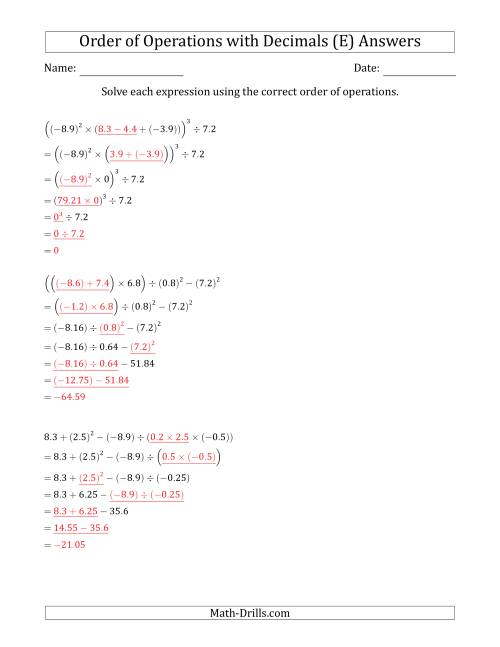 The Order of Operations with Negative and Positive Decimals (Six Steps) (E) Math Worksheet Page 2